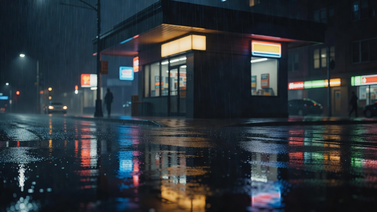 城市雨夜便利店屋檐下的暖色灯箱与湿漉街面倒影，冷调电影感画面